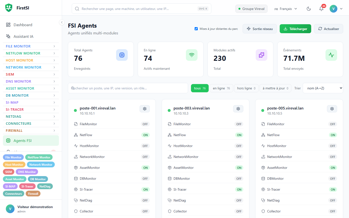 L'écran Agents FSI : la liste des agents, leur version et leurs modules (données de démonstration).