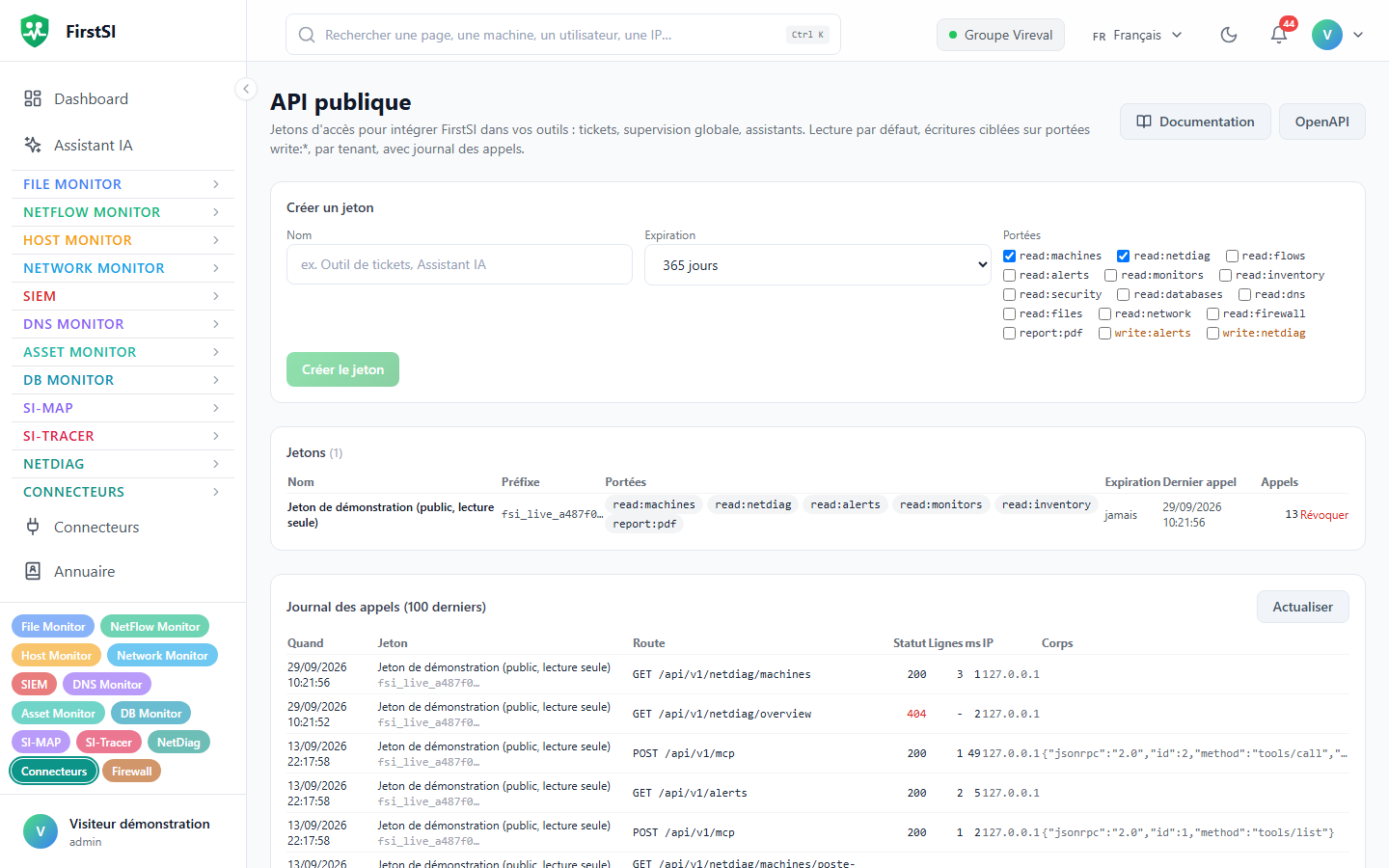 L'écran API publique : création d'un jeton, liste des jetons et journal des appels (données de démonstration).