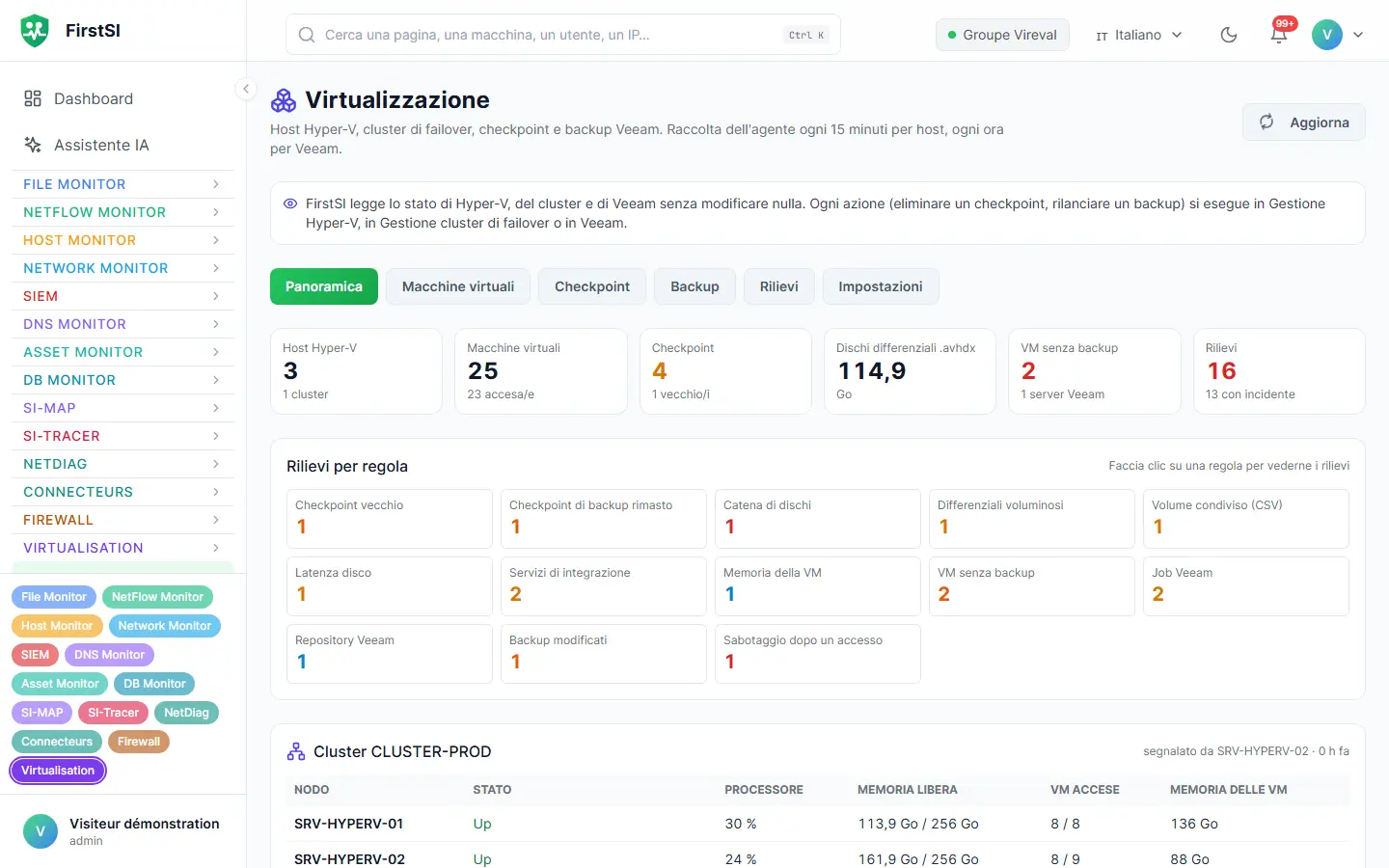 La schermata Virtualizzazione, panoramica: riquadri, rilievi per regola e stato del cluster (dati dimostrativi).